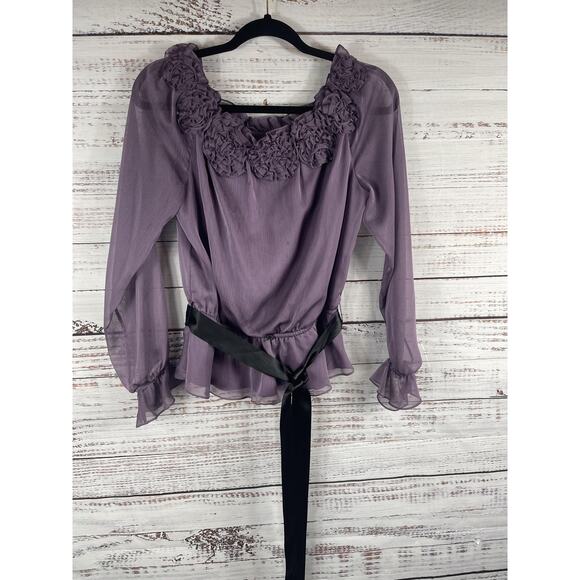 Victor Costa Shirt Women's Medium Purple Ruffle Rosette Peplum Sheer Top Belted - Picture 2 of 8